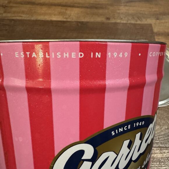Garrett Popcorn Shops Tin Empty Pink Stripes 7" Tall 9" Diameter Chicago - Picture 13 of 13